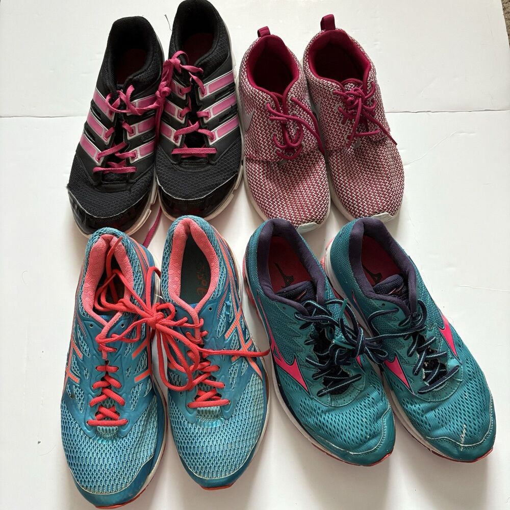 Lot of 4 Women's Running Shoes Adidas 9.5 Asics 8.5 Mizuno 8.5 Nike 6.5 Athletic